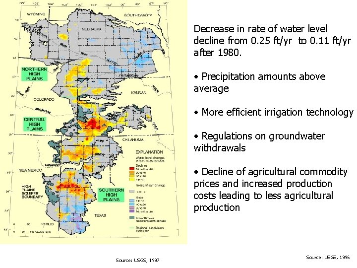 Decrease in rate of water level decline from 0. 25 ft/yr to 0. 11