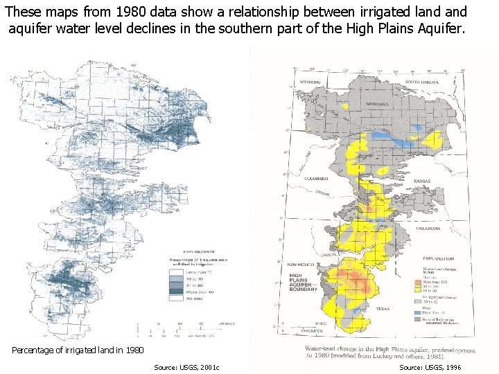 These maps from 1980 data show a relationship between irrigated land aquifer water level