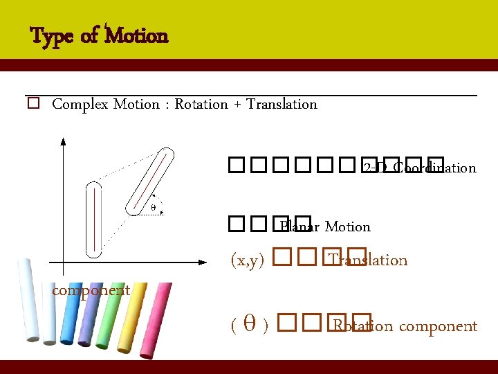 Type of Motion o Complex Motion : Rotation + Translation system component ����� 2