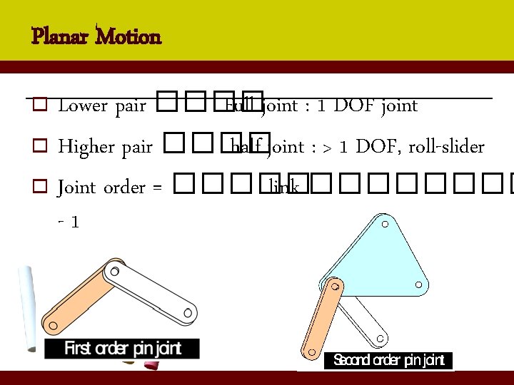 Planar Motion Lower pair ���� Full joint : 1 DOF joint o Higher pair