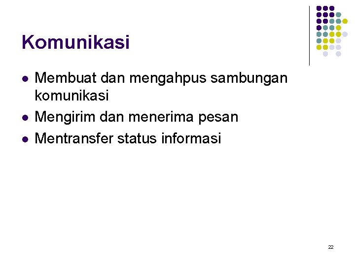 Komunikasi l l l Membuat dan mengahpus sambungan komunikasi Mengirim dan menerima pesan Mentransfer