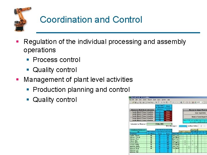 Coordination and Control § Regulation of the individual processing and assembly operations § Process