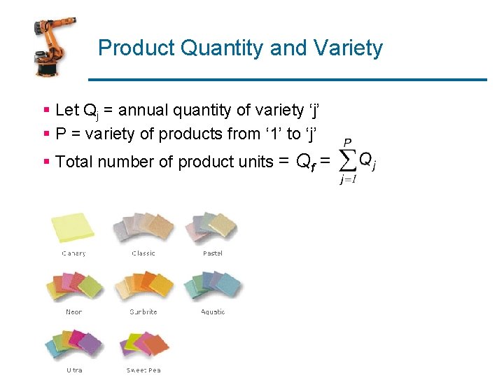 Product Quantity and Variety § Let Qj = annual quantity of variety ‘j’ §