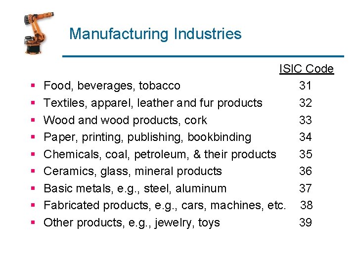 Manufacturing Industries § § § § § ISIC Code Food, beverages, tobacco 31 Textiles,