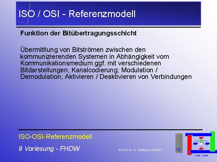 ISO / OSI - Referenzmodell Funktion der Bitübertragungsschicht Übermittlung von Bitströmen zwischen den kommunizierenden ISO / OSI - Referenzmodell Funktion der Bitübertragungsschicht Übermittlung von Bitströmen zwischen den kommunizierenden