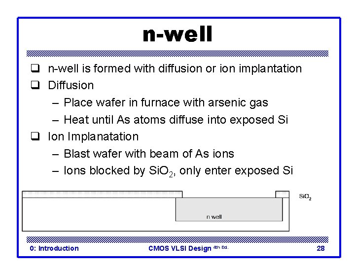 n-well q n-well is formed with diffusion or ion implantation q Diffusion – Place