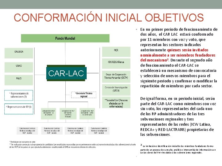 CONFORMACIÓN INICIAL OBJETIVOS • En un primer período de funcionamiento de CAR-LAC dos años,