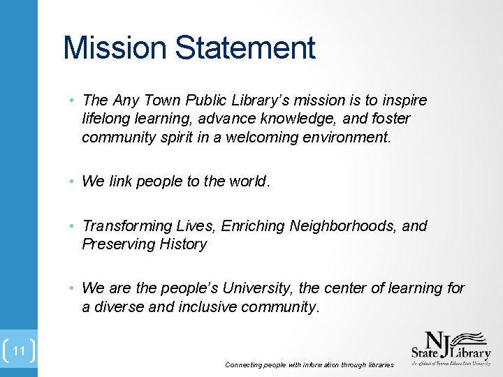 Mission Statement • The Any Town Public Library’s mission is to inspire lifelong learning,