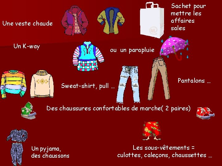 Sachet pour mettre les affaires sales Une veste chaude Un K-way ou un parapluie