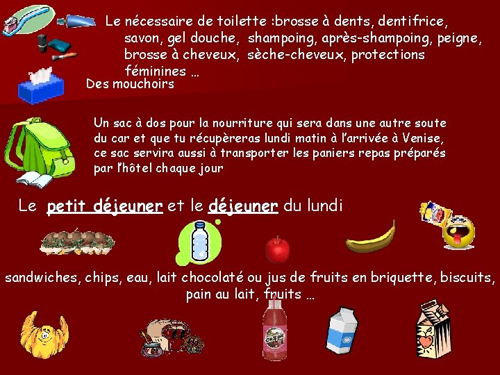 Le nécessaire de toilette : brosse à dents, dentifrice, savon, gel douche, shampoing, après-shampoing,