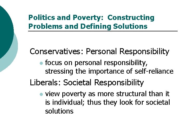 Politics and Poverty: Constructing Problems and Defining Solutions Conservatives: Personal Responsibility l focus on