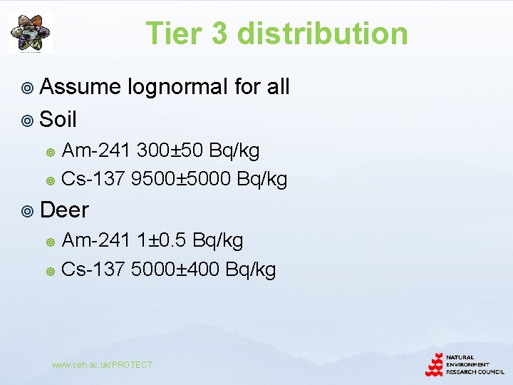 Tier 3 distribution ¥ Assume lognormal for all ¥ Soil Am-241 300± 50 Bq/kg