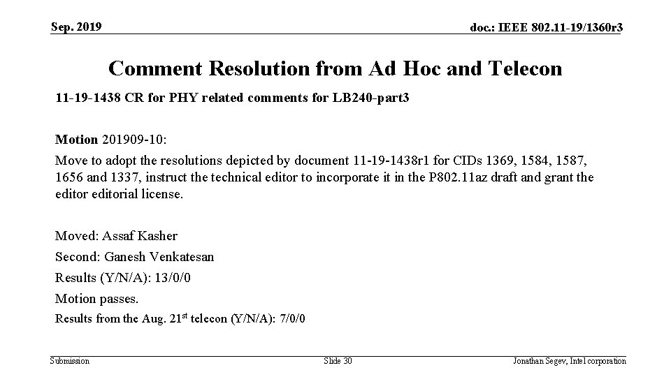 Sep. 2019 doc. : IEEE 802. 11 -19/1360 r 3 Comment Resolution from Ad
