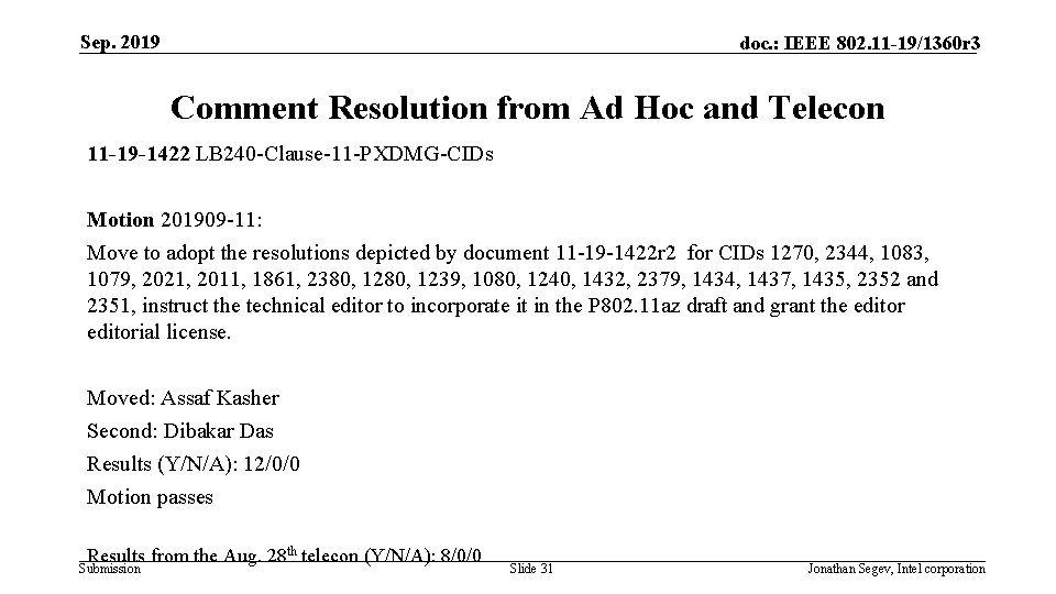 Sep. 2019 doc. : IEEE 802. 11 -19/1360 r 3 Comment Resolution from Ad