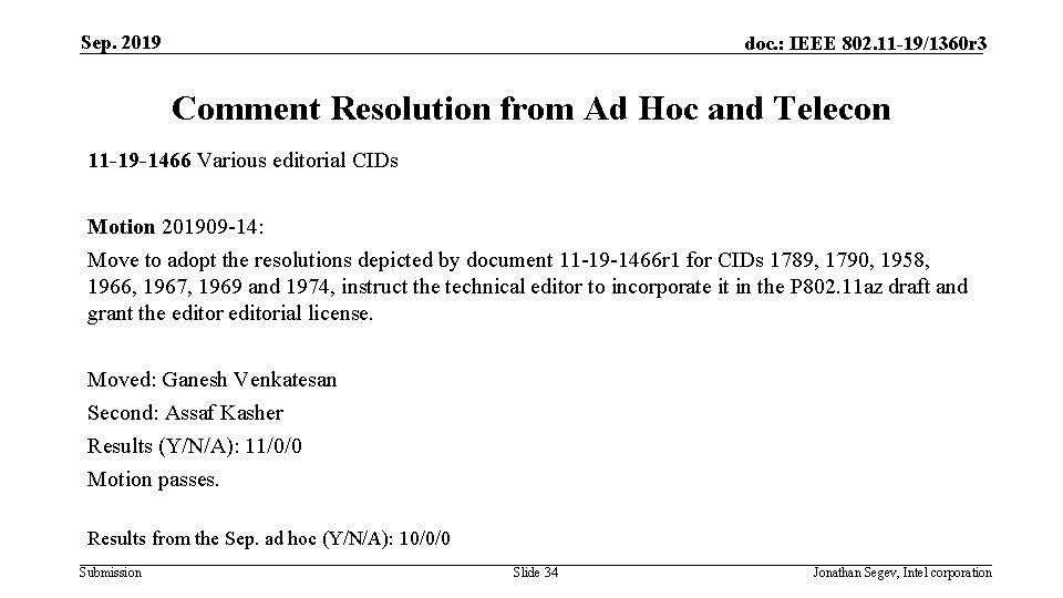 Sep. 2019 doc. : IEEE 802. 11 -19/1360 r 3 Comment Resolution from Ad