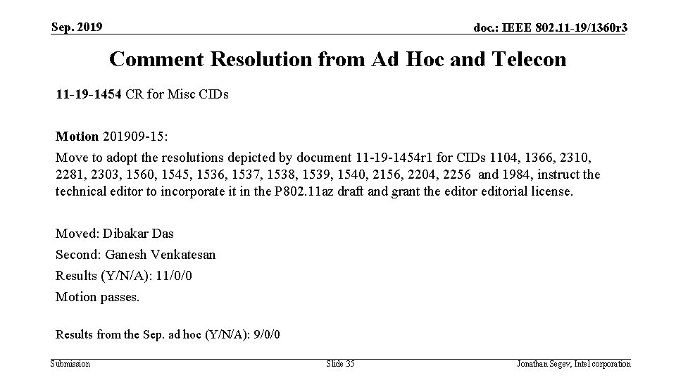 Sep. 2019 doc. : IEEE 802. 11 -19/1360 r 3 Comment Resolution from Ad