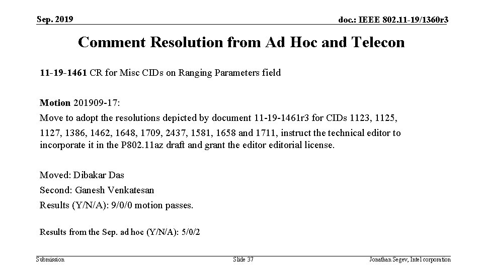 Sep. 2019 doc. : IEEE 802. 11 -19/1360 r 3 Comment Resolution from Ad