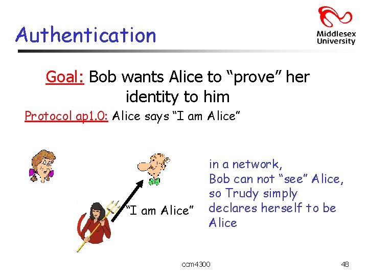 Authentication Goal: Bob wants Alice to “prove” her identity to him Protocol ap 1.