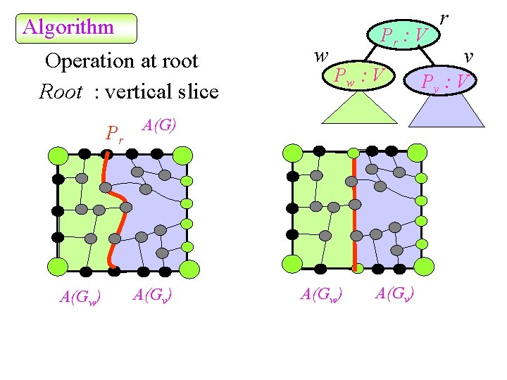 Algorithm Operation at root Root : vertical slice w Pr : V Pw :