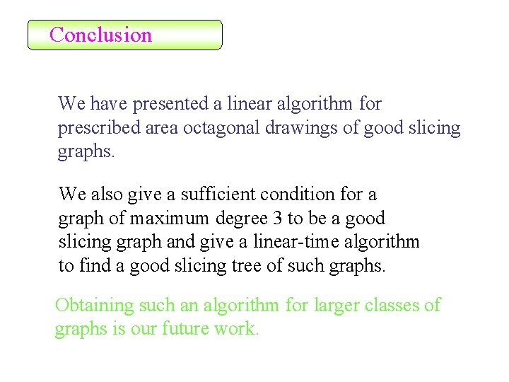 Conclusion We have presented a linear algorithm for prescribed area octagonal drawings of good