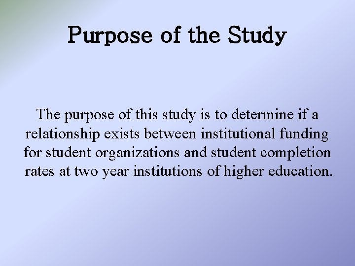 Purpose of the Study The purpose of this study is to determine if a