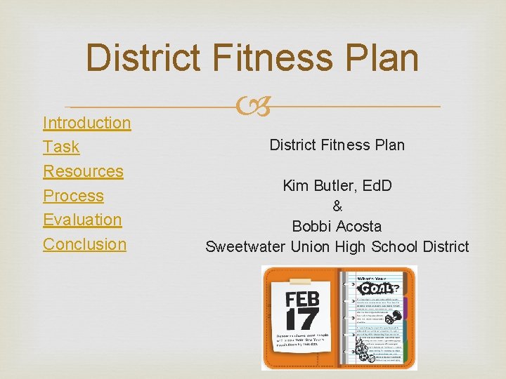 District Fitness Plan Introduction Task Resources Process Evaluation Conclusion District Fitness Plan Kim Butler,