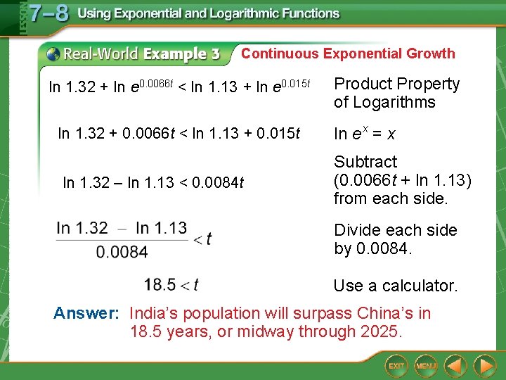 Continuous Exponential Growth In 1. 32 + In e 0. 0066 t < In Continuous Exponential Growth In 1. 32 + In e 0. 0066 t < In