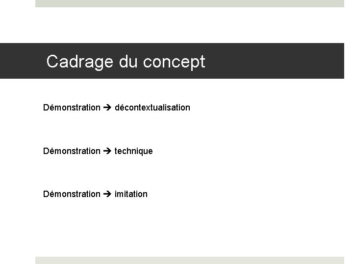 Cadrage du concept Démonstration décontextualisation Démonstration technique Démonstration imitation 