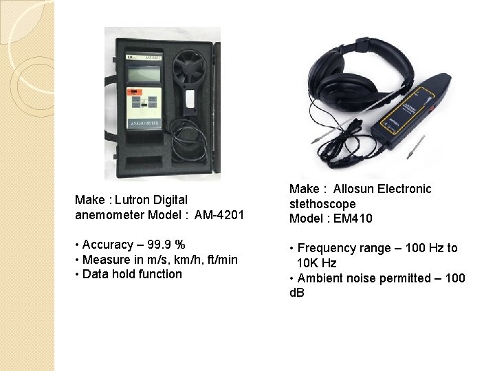 Make : Lutron Digital anemometer Model : AM-4201 • Accuracy – 99. 9 %
