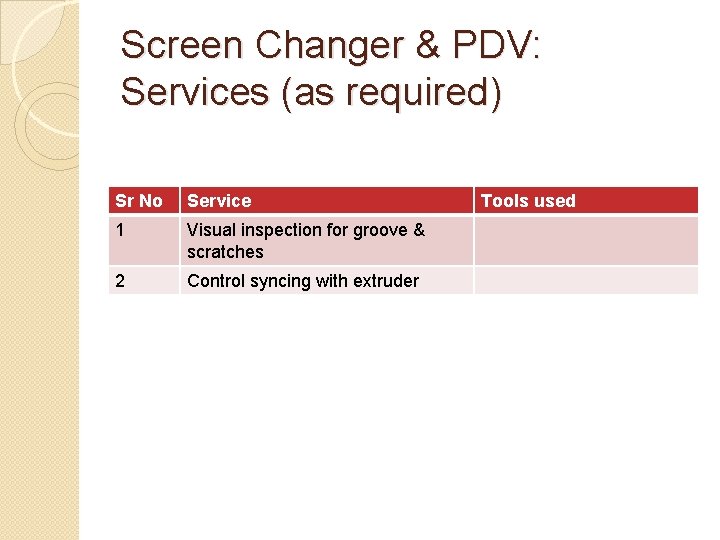 Screen Changer & PDV: Services (as required) Sr No Service 1 Visual inspection for