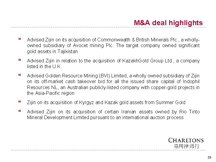 M&A deal highlights Advised Zijin on its acquisition of Commonwealth & British Minerals Plc.