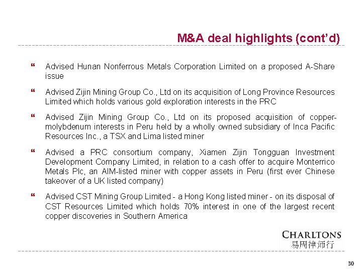 M&A deal highlights (cont’d) Advised Hunan Nonferrous Metals Corporation Limited on a proposed A-Share