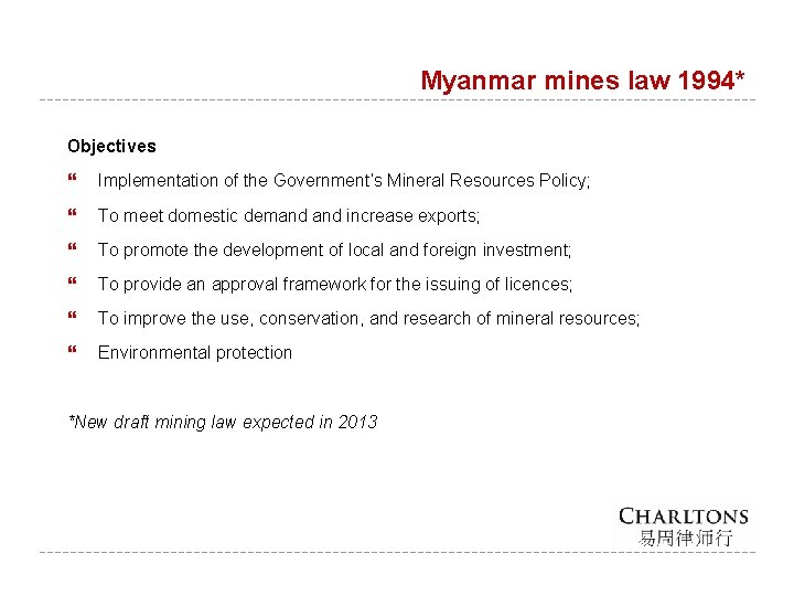 Myanmar mines law 1994* Objectives Implementation of the Government’s Mineral Resources Policy; To meet