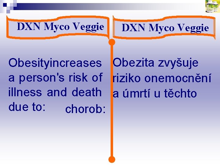 DXN Myco Veggie Obesityincreases Obezita zvyšuje a person's risk of riziko onemocnění illness and