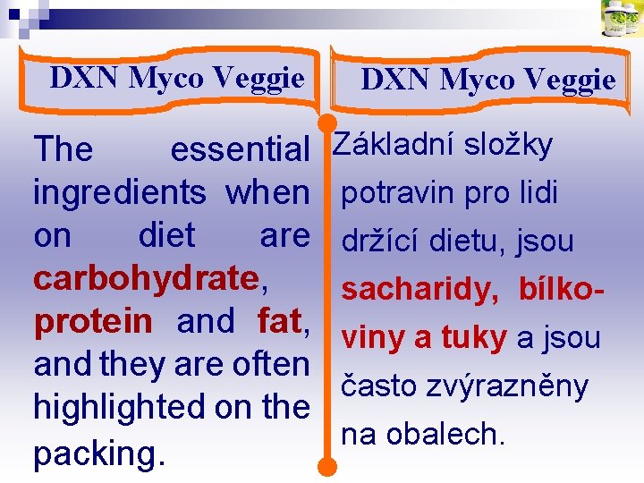 DXN Myco Veggie The essential ingredients when on diet are carbohydrate, protein and fat,