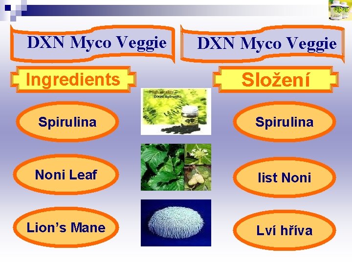 DXN Myco Veggie Ingredients DXN Myco Veggie Složení Spirulina Noni Leaf list Noni Lion’s