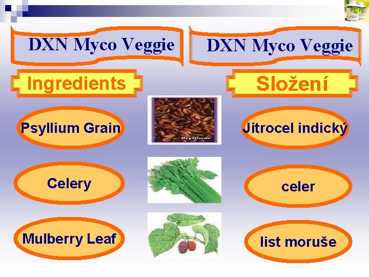 DXN Myco Veggie Ingredients DXN Myco Veggie Složení Psyllium Grain Jitrocel indický Celery celer