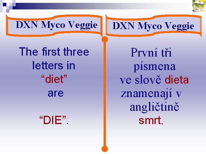 DXN Myco Veggie The first three letters in “diet” are První tři písmena ve