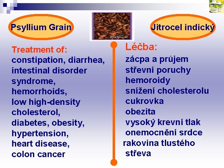 Psyllium Grain Treatment of: constipation, diarrhea, intestinal disorder syndrome, hemorrhoids, low high-density cholesterol, diabetes,