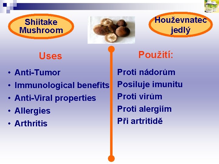 Shiitake Mushroom Uses • • • Houževnatec jedlý Použití: Proti nádorům Immunological benefits Posiluje