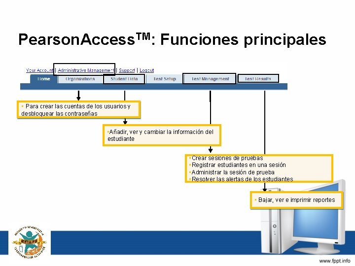Pearson. Access. TM: Funciones principales • Para crear las cuentas de los usuarios y