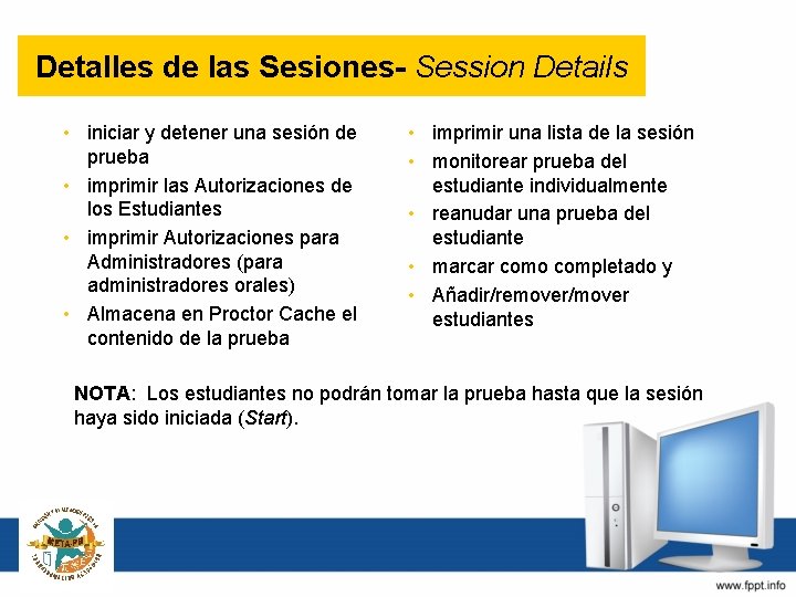 Detalles de las Sesiones- Session Details • iniciar y detener una sesión de prueba