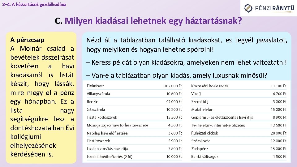 3– 4. A háztartások gazdálkodása C. Milyen kiadásai lehetnek egy háztartásnak? A pénzcsap A