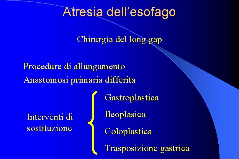 Atresia dell’esofago Chirurgia del long gap Procedure di allungamento Anastomosi primaria differita Gastroplastica Interventi