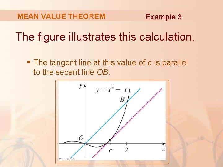 MEAN VALUE THEOREM Example 3 The figure illustrates this calculation. § The tangent line