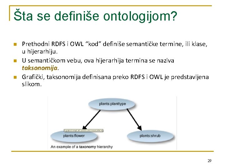 Šta se definiše ontologijom? n n n Prethodni RDFS i OWL “kod” definiše semantičke