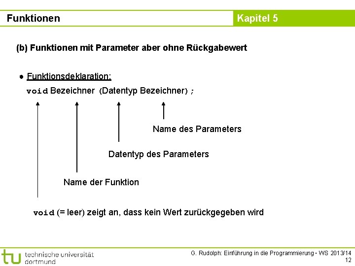 Funktionen Kapitel 5 (b) Funktionen mit Parameter aber ohne Rückgabewert ● Funktionsdeklaration: void Bezeichner