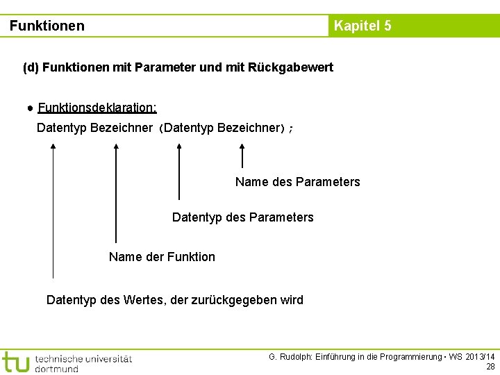 Funktionen Kapitel 5 (d) Funktionen mit Parameter und mit Rückgabewert ● Funktionsdeklaration: Datentyp Bezeichner