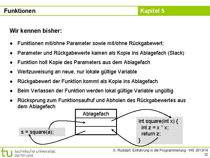 Funktionen Kapitel 5 Wir kennen bisher: ● Funktionen mit/ohne Parameter sowie mit/ohne Rückgabewert: ●