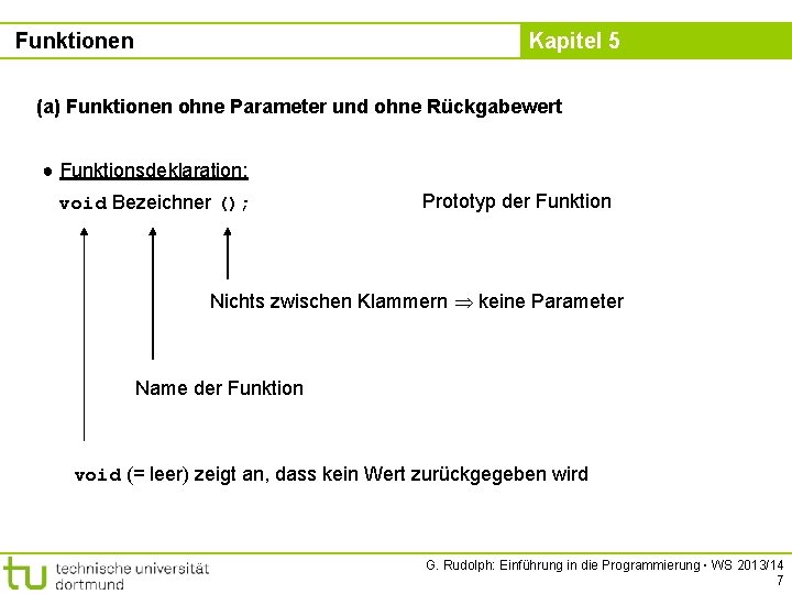 Funktionen Kapitel 5 (a) Funktionen ohne Parameter und ohne Rückgabewert ● Funktionsdeklaration: void Bezeichner